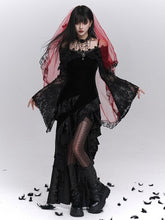 Halloween Gothic Black Off-Shoulder Dress with Floral Embroidered Bell Sleeves