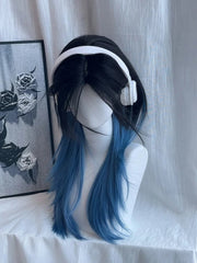Ouji Style Blue & Black Ombre 65CM Straight Wig with Curtain Bangs