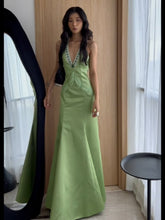 Light Green Cutout Back V-neck Vintage Mermaid Skirt Gown with Rhinestones