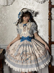 Blue Ruffle Round Neck Kitty and Teddy Print Lolita Dress Sweet Lolita OP