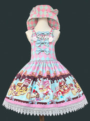Pink & Green Diamond Pattern Sweet Lolita Overall Dress with Dessert Print and Cat Ear Hood