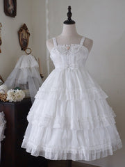 White Tiered Ruffle Skirt High Waist Jumper Skirt