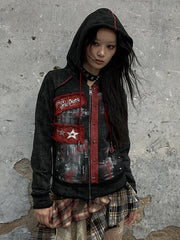 Sweetheart Applique Black Gothic Punk Distressed Zip Hoodie with Studs