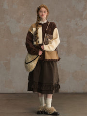 Vintage Beige & Brown Patchwork Knitted Cardigan with Pony Motif