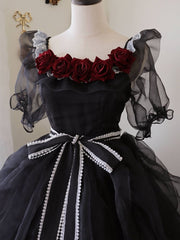 Plus Size Friendly Princess Appointment Black Rose Design Off-the-shoulder Short Sleeves One Piece