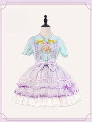 Icing Butterfly Cracker Purple Plaid Pattern Bowknot Details Hem Overalls