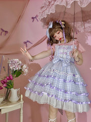 Icing Butterfly Cracker Purple Gingham Tiered Ruffle Hem High Waist JSK