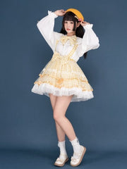 Icing Butterfly Cracker Yellow Gingham Pattern Bowknot Details Hem Overall Skirt