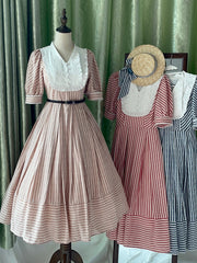 Three Colors Banded Collar Striped Pattern Short Sleeves One Piece