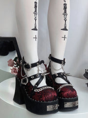 Studs Design Lace Red High Block Heel Platforms Round Toe Punk Shoes