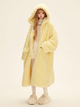 Yellow Winter Long Fleece Hooded Coat with Drawstrings