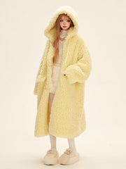 Yellow Winter Long Fleece Hooded Coat with Drawstrings