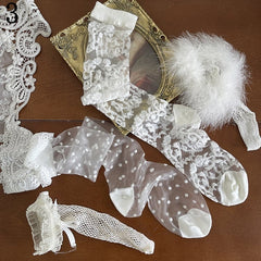 White Lace Tulle Socks/Lace Trims Hollow-out Underknee Stockings/Floral Pattern Underknee Stockings/Feather Fishnet Socks