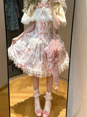 Pink Under Bust Boned Waist Elegant Classic Lolita Corset Top+Floral Print Lace Trimmed Skirt Set