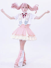 White Ruffled Lolita Blouse with Red Heart-Shaped Bow and Gold Buttons