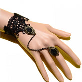 Metal Black Gemstone Lace Lolita Finger Ring Bracelet