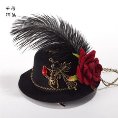 Clearance-Steampunk Lolita Vintage Gear Feather Mini Top Hat Hairpin