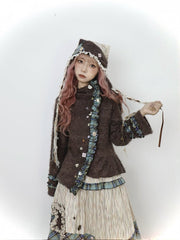 Vintage Mori Kei Brown Knit Cardigan with Green Plaid Accents & Playful Buttons