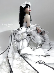 White & Black Ruffled Layers Sweet Lolita Dress Long Version+Train+Head Veil+Detachable Sleeves Full Set - Curve-Friendly Fit