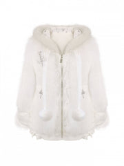Thicken Version Daily Kawaii Plush Hooded Jacket - Cat Ear Hood, Lace Trim & Cross Accents with Bow Details