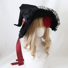 Red / Black Flowers Lace Trim Gothic Velvet Witch Hat