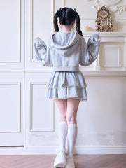 Sweet Sporty Jirai Kei Set: Gray Hoodie with White Lace Details/ Layered Skirt/ Elastic Waist Pants