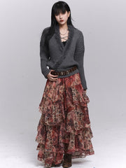 Vintage Red Tiered Skirt - Floral Print & Asymmetrical Hem