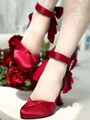 Wine Red Classic Lolita High-heel Sandals - Bow Detailing & Heart Inspired Buckle Design