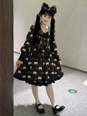 Black Sweet Lolita Dress with Cute Tiger Print and Ruffled Hem