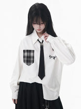 White Long Sleeve Shirt with Plaid Patch Pocket & Utility Buckle Tie