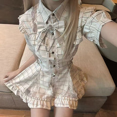 White Plaid Illusion Set: Jirai Kei Dress & Shorts with Lace Panels and Buckle Strap Waist