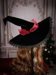 Red Ribbon Bow Christmas Fancy Witch Hat with Optional Shiny Veil and Stars Chain