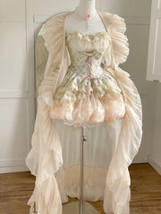 Chic Tulip Hi-lo Strapless Top with Bubble Skirt Set Beige Fairycore Floral Princess Dress