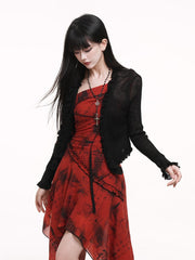 Black Cropped Cardigan with Ruffle Trim & Tie-Front Design