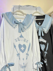 Jirai Kei Light Blue Sailor Dress with 'Angel's Dinner' Print, Winged Lace Collar & High-Low Hem