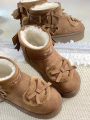 Sweet Brown Lolita Winter Boots - Bow Accents with Back Pompom & Heart Applique