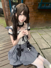 Jirai Kei Alt-Moe Black Plaid Cross Halter Top with Cutout Shoulder / High-Waist Skirt