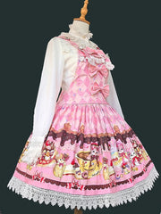 Pink Diamond Pattern Sweet Lolita Overall Dress with Dessert Print and Cat Ear Hood