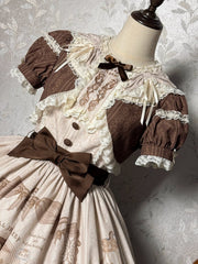 Brown Ruffle Round Neck Kitty and Teddy Print Lolita Dress Sweet Lolita OP