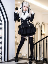 White Ruffle Neckline Cross Charm Lace-up Straps Black Gothic Lolita Dress