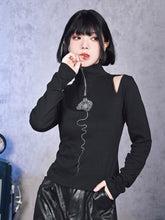 Gothic Black Shoulder Cut-Out Long-Sleeve Top with Brain Print