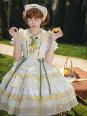Yellow Peter Pan Collar Lemon Print Plaid Tiered Skirt Lolita One Piece