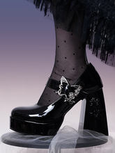 Polished Black Butterfly Buckle 11cm Floral High Block Heel Platform Mary Janes