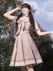 JK Uniform 55cm Pink Box Pleat Skirt with Beige Hem