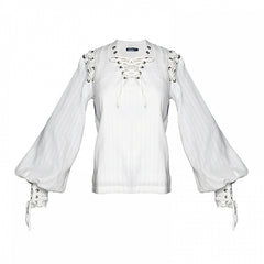 Steampunk Retro Lace-up White Cotton Long Sleeve Shirt