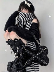 Black Punk Y2K Bone-Shaped Fleece Bag With Studded Crisscross Straps