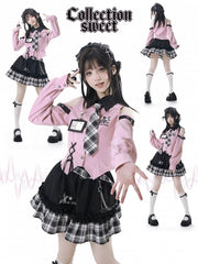 Idol Core Fashion Top: Bittersweet Pink Open Shoulder Shirt with Punk Star Buckles, Lace-Up Hem & Black Plaid Tie