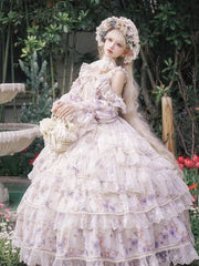 Blue Rosette Print Quinceanera Princess Dress Hanayome Lolita JSK Tiered Skirt Floor Length