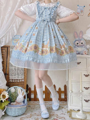 Sweet Kitty and Sunflowers Print Blue Plaid Pattern Lolita Dress