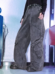 Gray Vintage Distressed Wide-Leg Jeans with Asymmetrical Pockets